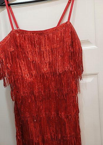 Püsküllü Kırmızı Mini Bohem Abiye Elbise - Görsel 2