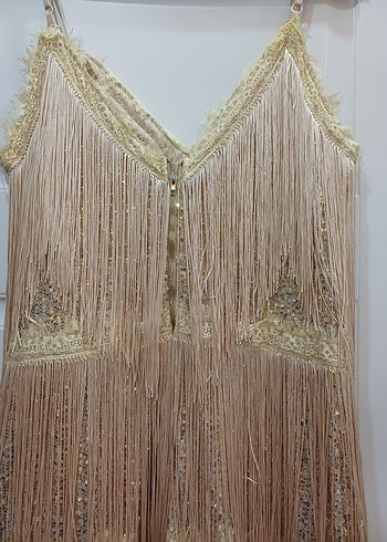 püsküllü krem renk elbise - Görsel 5