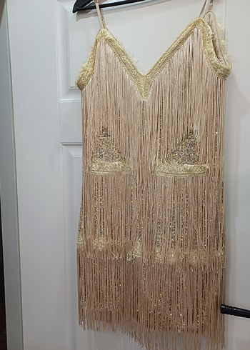 püsküllü krem renk elbise - Görsel 2