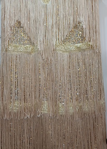 püsküllü krem renk elbise - Görsel 4