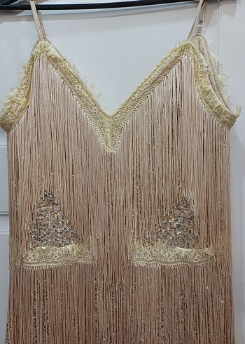 püsküllü krem renk elbise - Görsel 3