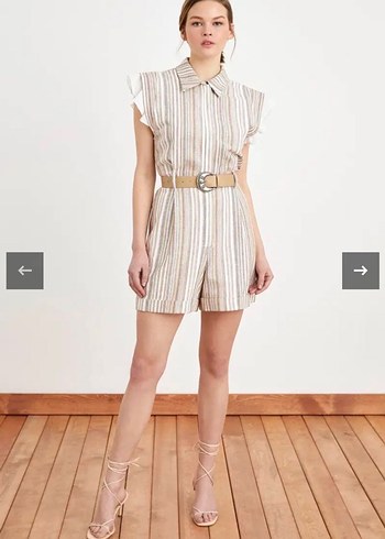 Çizgili Bej Kolu Fırfır Detaylı Tulum - Görsel 4