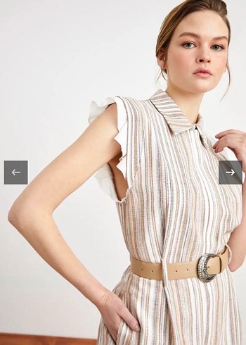 Çizgili Bej Kolu Fırfır Detaylı Tulum - Görsel 3