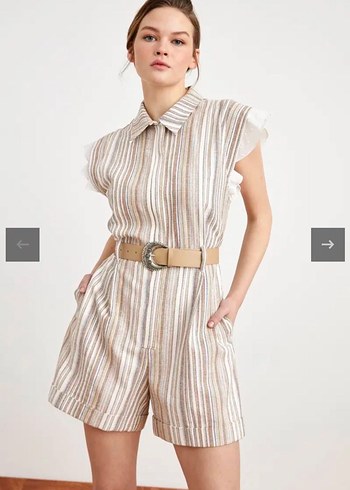 Çizgili Bej Kolu Fırfır Detaylı Tulum - Görsel 5