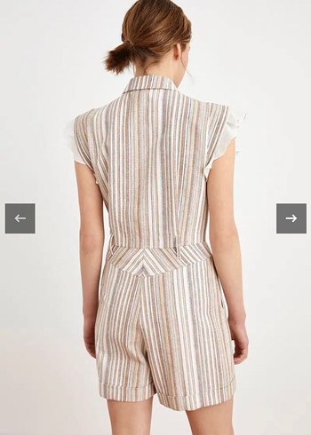 Çizgili Bej Kolu Fırfır Detaylı Tulum - Görsel 2