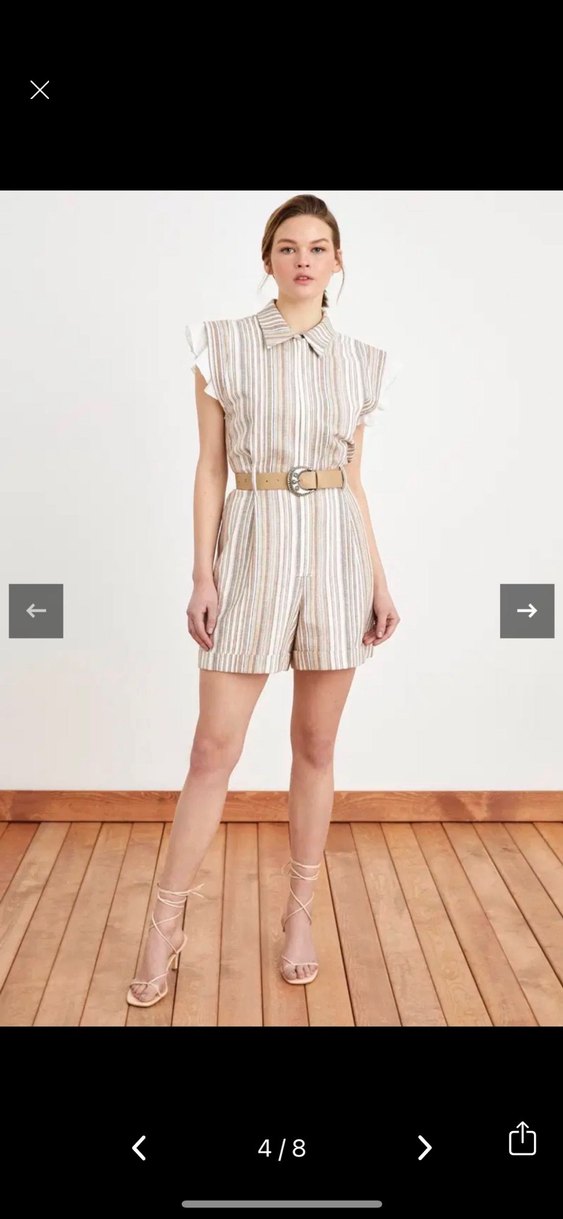 Çizgili Bej Kolu Fırfır Detaylı Tulum - Görsel 4