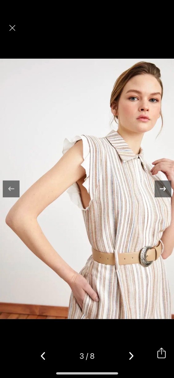 Çizgili Bej Kolu Fırfır Detaylı Tulum - Görsel 3