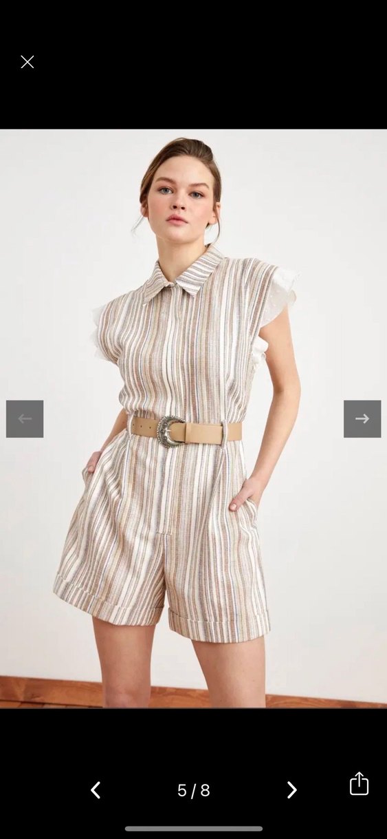 Çizgili Bej Kolu Fırfır Detaylı Tulum - Görsel 5