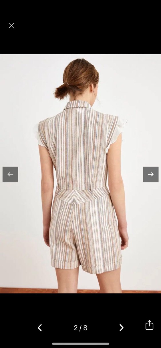 Çizgili Bej Kolu Fırfır Detaylı Tulum - Görsel 2