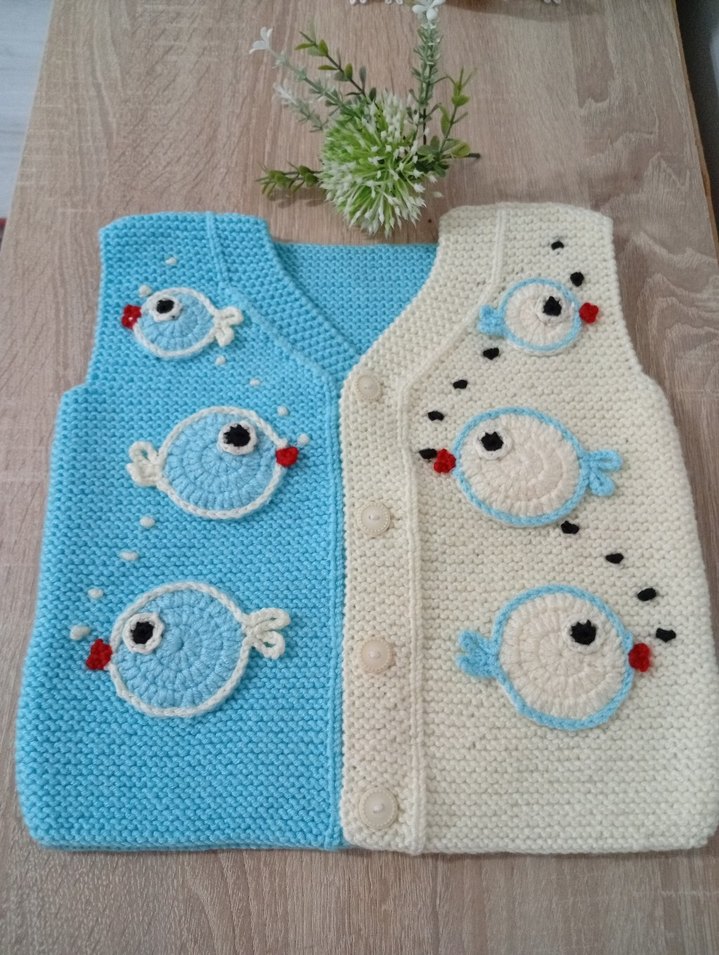 Mavi Beyaz Nakışlı Erkek Çocuk Örgü Yelek - Görsel 2