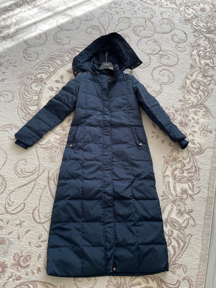 Kemerli Lacivert Uzun Kaz Tüyü Mont - Görsel 2