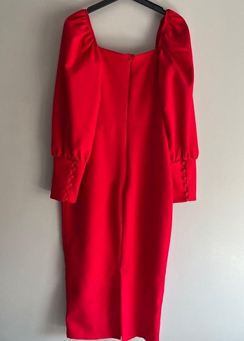 Düğmeli Kırmızı Uzun Kollu Midi Elbise - Görsel 3