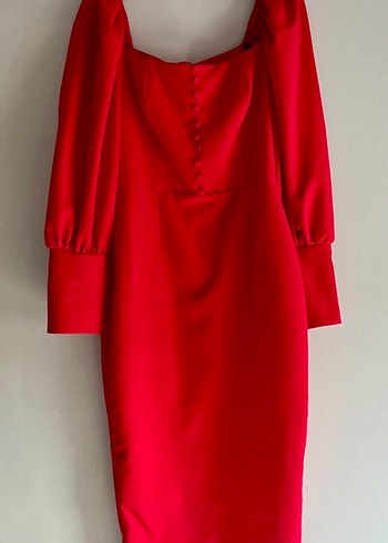 Düğmeli Kırmızı Uzun Kollu Midi Elbise - Görsel 2