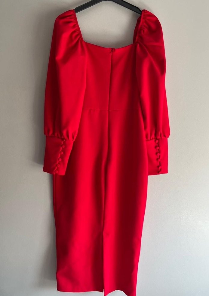 Düğmeli Kırmızı Uzun Kollu Midi Elbise - Görsel 3