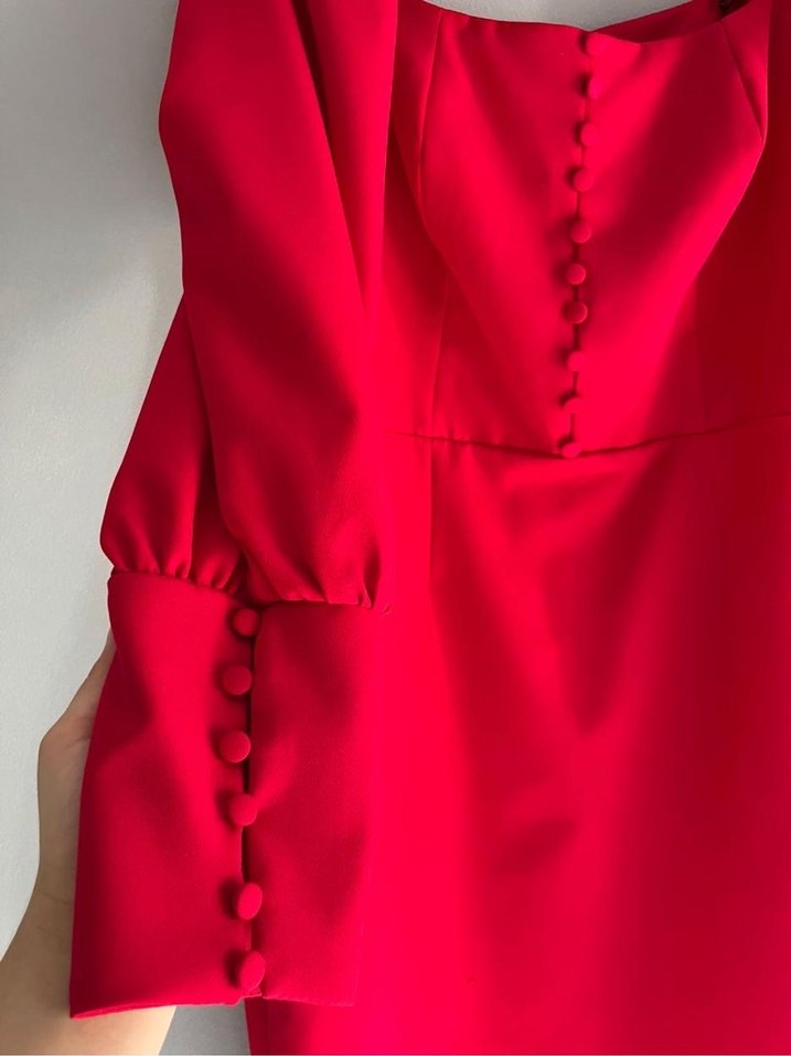 Düğmeli Kırmızı Uzun Kollu Midi Elbise - Görsel 4