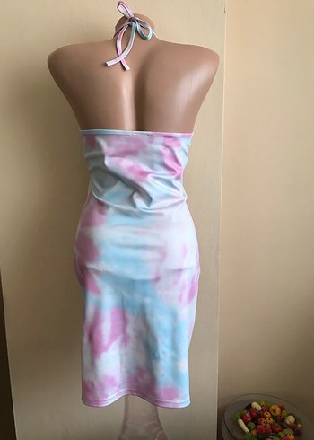 Sheinside Pembe Tie-Dye Straplez Mini Kalem Elbise