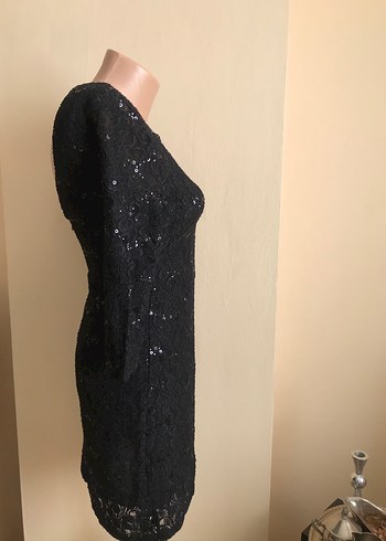 s Beden Dantel Detaylı Siyah Midi Abiye Elbise