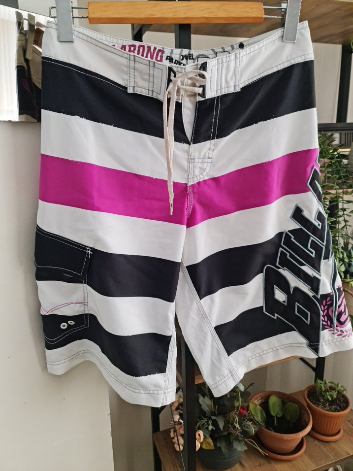 Koyu Pembe Çizgili Erkek Mini Şort - Görsel 2