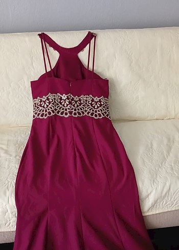 Bordo İşlemeli Dantel Detaylı Uzun Abiye Elbise