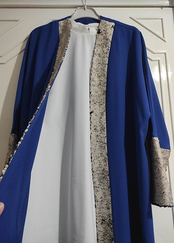 Uzun Kollu Mavi  ve beyaz payetli abiye ceket ve bluz - Görsel 3