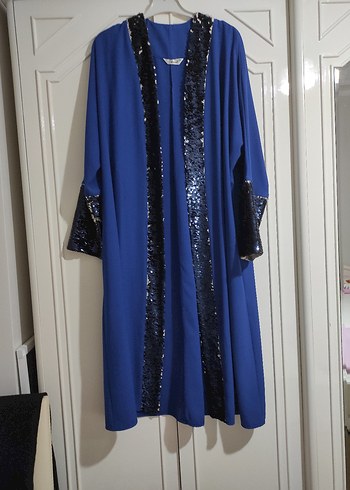 Uzun Kollu Mavi  ve beyaz payetli abiye ceket ve bluz - Görsel 10