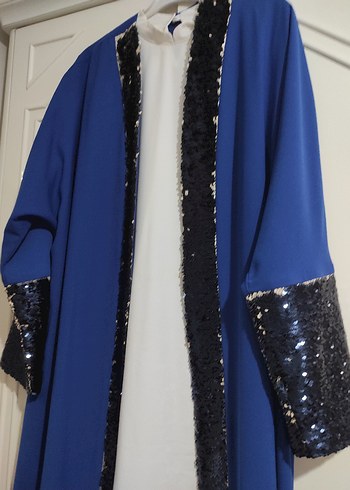 Uzun Kollu Mavi  ve beyaz payetli abiye ceket ve bluz - Görsel 6