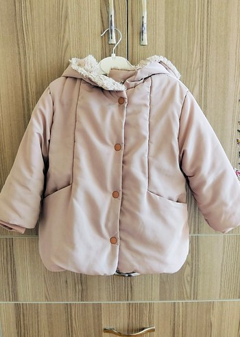 4 Yaş Beden Kapüşonlu Pembe Kürklü Kız Çocuk Mont