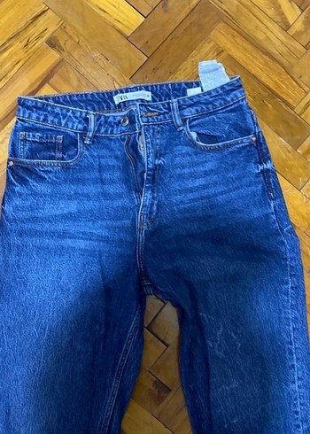 Zara Kadın Kemerli Regular Fit Mavi Batik Jean - Görsel 2