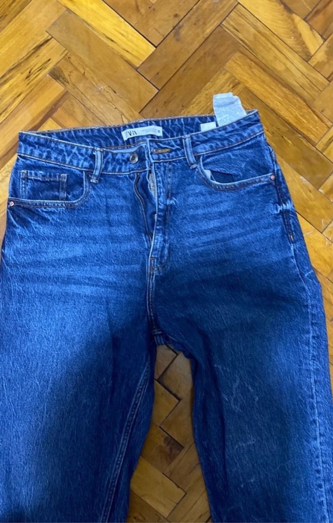 Zara Kadın Kemerli Regular Fit Mavi Batik Jean - Görsel 2