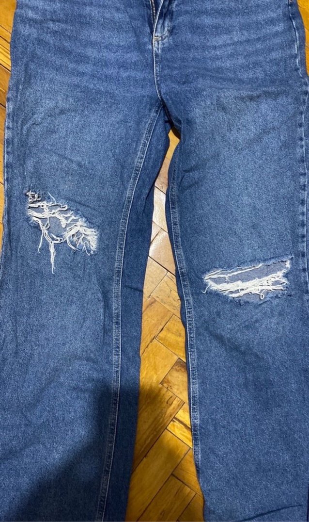 Kadın Lacivert Bol Kesim Yırtık Detaylı Midi Kot Pantolon - Görsel 3