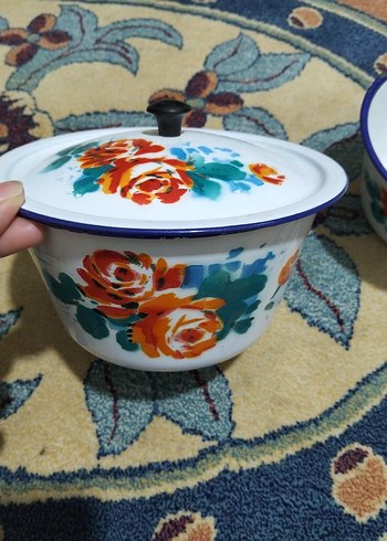 Çiçek Desenli Beyaz Emaye Saklama Kabı Seti - Görsel 2