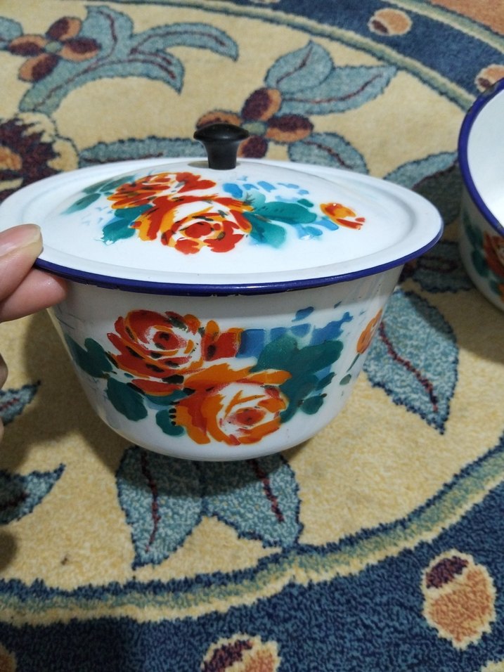 Çiçek Desenli Beyaz Emaye Saklama Kabı Seti - Görsel 2