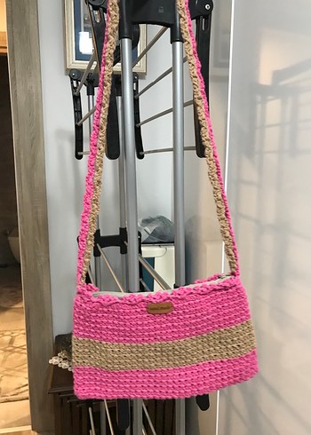 Pembe Çizgili Örgü Bohem Kadın Çanta
