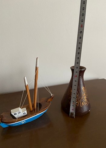 Mavi Ahşap Yelkenli Figür ve Kahverengi Vazo - Görsel 5