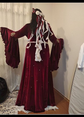 Bordo Etnik Desenli Uzun Kadın Bindallı - Görsel 2