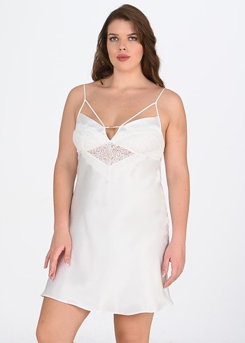 Beyaz Nakışlı İp Askılı Midi Gecelik - Görsel 3