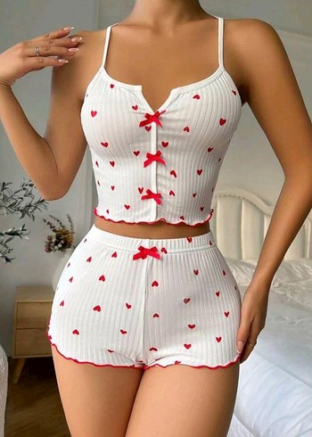 İnce Askılı Beyaz Nakışlı Mini Kadın Pijama Takımı - Görsel 3