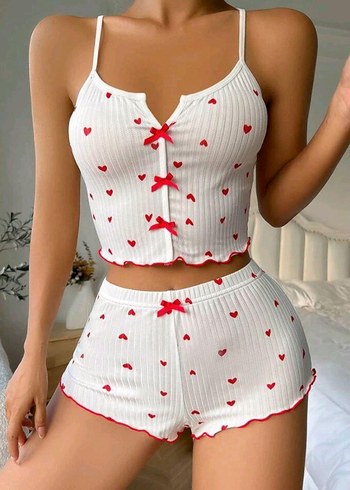 İnce Askılı Beyaz Nakışlı Mini Kadın Pijama Takımı - Görsel 2