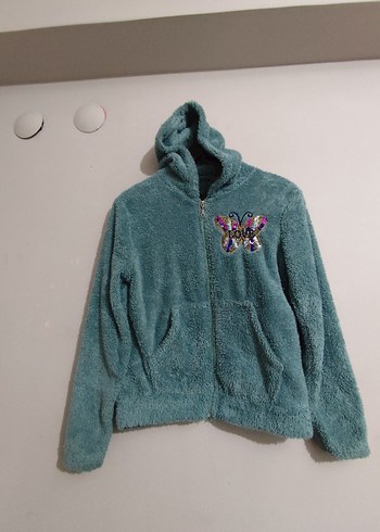 Kapüşonlu Turkuaz Nakışlı Peluş Çocuk Swiyttisirt