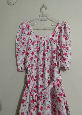 BKS : Pembe Çiçek Desenli Uzun Günlük Elbise. - Görsel 4