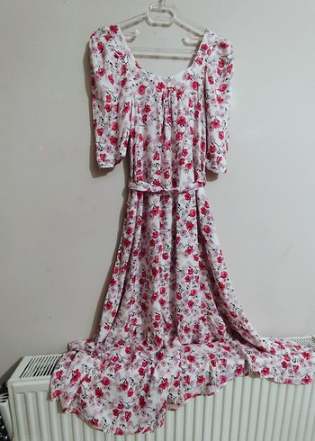 BKS : Pembe Çiçek Desenli Uzun Günlük Elbise. - Görsel 7