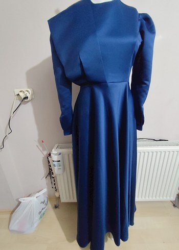 Uzun Kol Drapeli Koyu Mavi Kadın Abiye.S aynen Elbise - Görsel 7