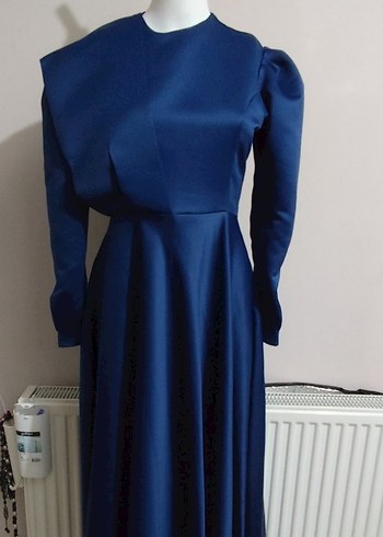 Uzun Kol Drapeli Koyu Mavi Kadın Abiye.S aynen Elbise - Görsel 5
