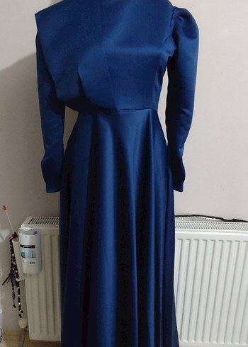 Uzun Kol Drapeli Koyu Mavi Kadın Abiye.S aynen Elbise - Görsel 3