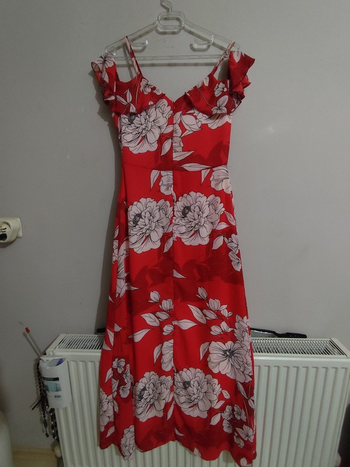 Quzu : Kırmızı Çiçek Desenli Uzun Bohem Elbise - Görsel 4