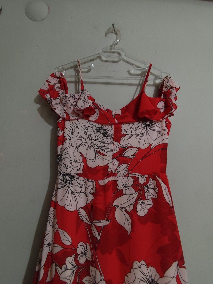 Quzu : Kırmızı Çiçek Desenli Uzun Bohem Elbise - Görsel 2