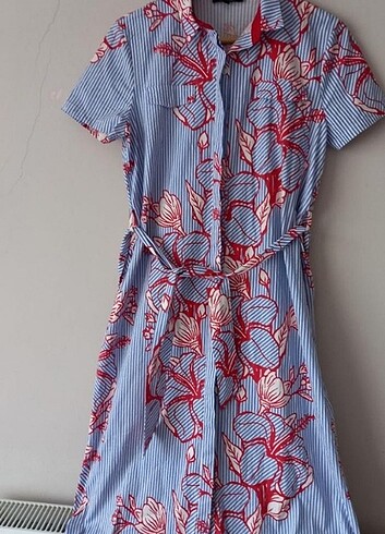 30Kamelliye desenli keten yazlık kadın elbise