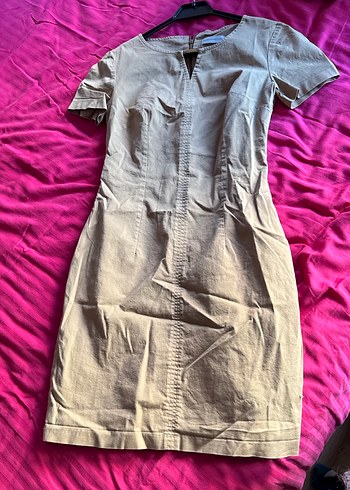 Bej keten V Yaka Mini  Elbise - Görsel 4