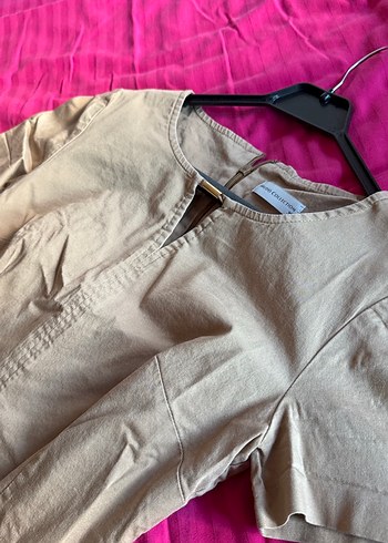 Bej keten V Yaka Mini  Elbise - Görsel 3