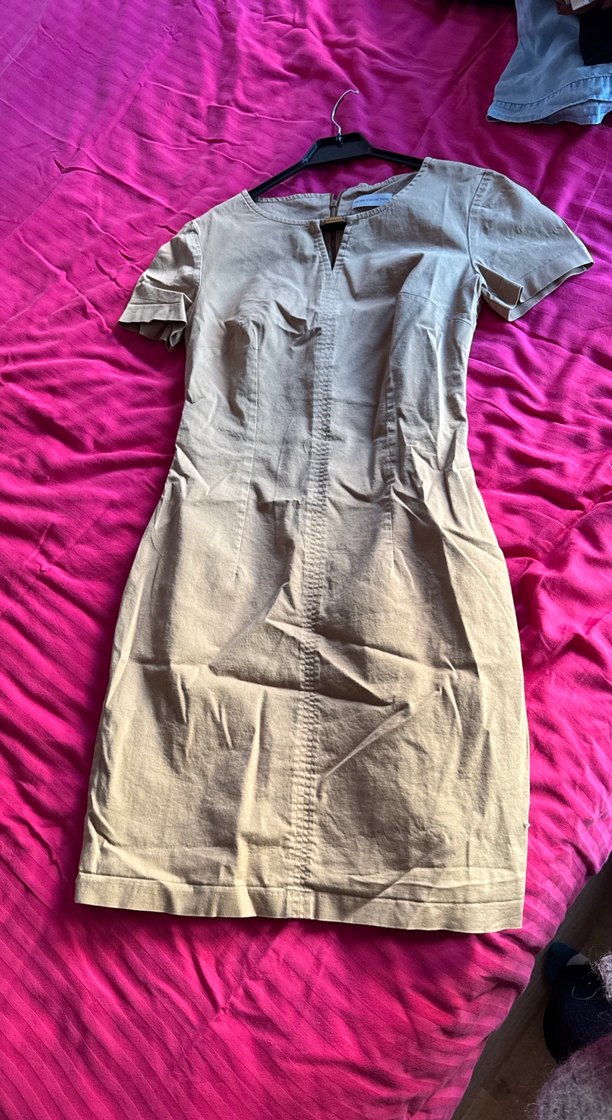 Bej keten V Yaka Mini  Elbise - Görsel 4